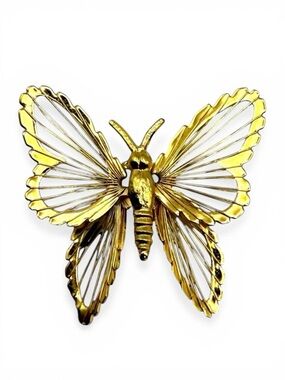 Vintage MONET Butterfly Gold Tone Wire Brooch Signed 1972 Pin Insect Bug Jewelry